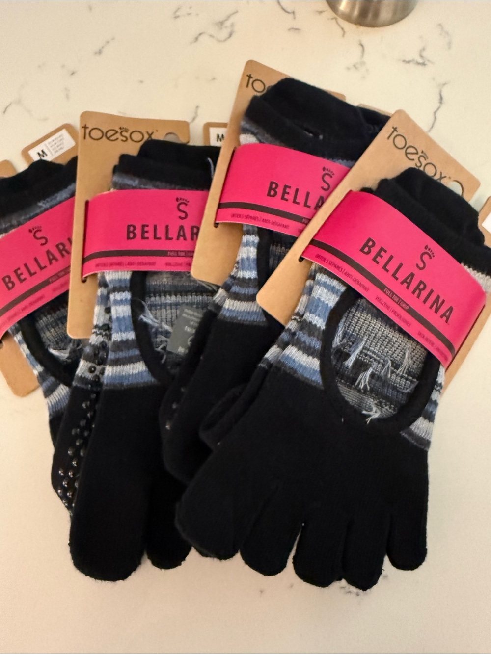 toesox Bellarina Black Toe Socks with Gray and Light Blue Stripes